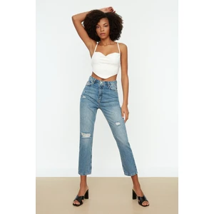 Trendyol Blue Ripped Detailed High Waist Straight Jeans