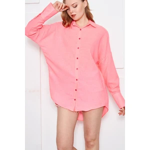 armonika Women's Neon Pink Oversize Textured Linen Look Wide Cuff Shirt