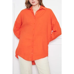 armonika Women's Orange Oversize Textured Linen Look Wide Cuff Shirt