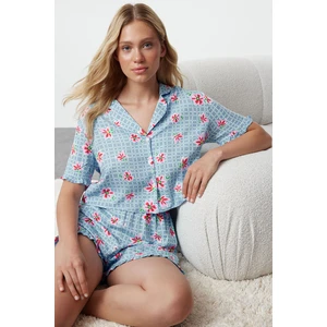 Trendyol Light Blue Floral Ruffle Viscose Woven Pajama Set