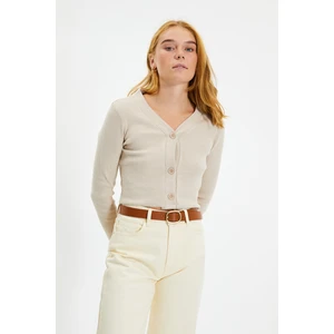 Trendyol Beige Buttoned V Neck Fake Knitwear Knitted Blouse