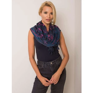 A navy blue scarf with a floral pattern