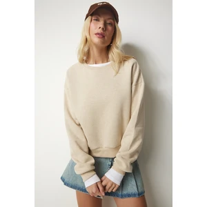 Happiness İstanbul Women's Beige Marked Crop Sweatshirt