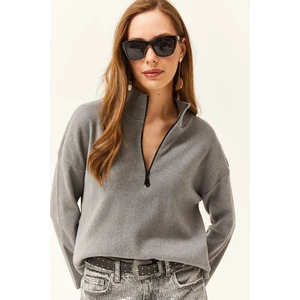 Olalook Women's Smoky Zipper High Neck Raised Sweater