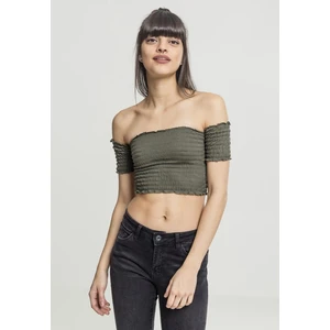 Ladies Cropped Cold Shoulder Smoke Top Olive