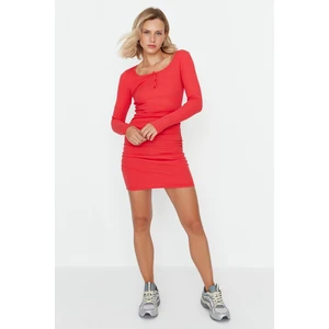 Trendyol Red Ribbed Ruffle Detailed Bodycon Mini Knitted Dress