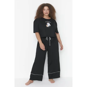 Trendyol Curve Black Printed Wide Leg Knitted Pajamas Set