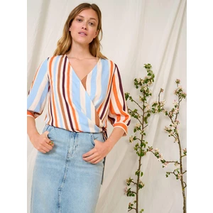 Orsay Blue-Orange Striped Wrap Blouse with Three-Quarter Sleeve - Women