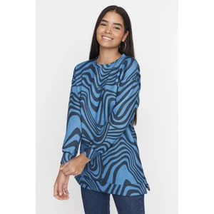 Trendyol Blue Patterned Scuba Knitted Sweatshirt