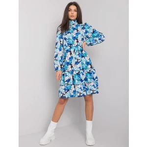 Black and blue floral dress with a frill by Ahilya RUE PARIS