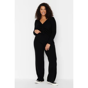 Trendyol Curve Black V-Neck Tie Detail Knitwear Blouse & Pants Set