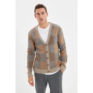 Trendyol Mink Men Plaid V Neck Regular Knitwear Cardigan