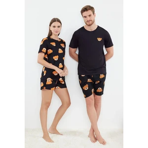 Trendyol Black 100% Cotton Teddy Bear Patterned T-shirt-Shorts Knitted Pajama Set