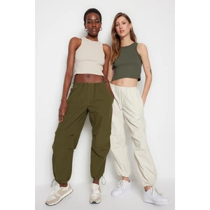 Trendyol Khaki-Beige 2-Pack Fitted Crop Halterneck Manšestr, Flexibilní Pletený Jednoduchý Nátělník