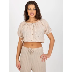 Beige short Spanish blouse with openwork pattern