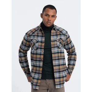 Ombre Men's checkered flannel shirt with pockets - gray-yellow