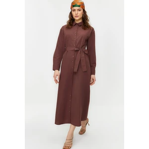 Trendyol Brown Belted Cuffed Cotton Woven Shirt Dress