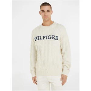 Men's Cream Wool Sweater Tommy Hilfiger Cable Monotype Crew Neck - Men's