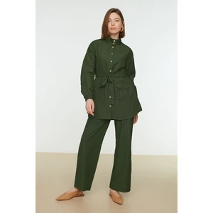 Trendyol Khaki Standing Collar, Belted Shirt-Pants, Woven Suit