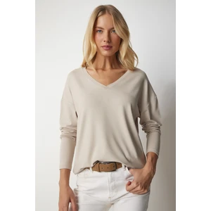 Happiness İstanbul Women's Beige V-Neck Knitwear Blouse