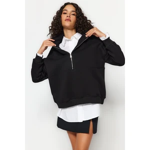 Trendyol Black Oversize/Wide Fit Half Zipper Thick Inside Fleece Knitted Sweatshirt