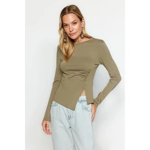 Trendyol Khaki Knitted Blouse With One Slit Detail Cotton Pleated Round Neck