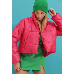 Trend Alaçatı Stili Women's Fuchsia Stand Collar Double Pocketed Inflatable Puffer Coat with Elastic Waist