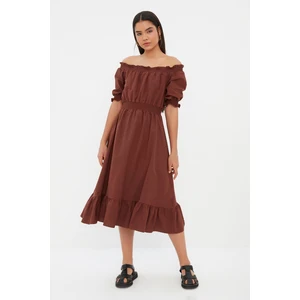 Trendyol Brown Waist Gimped Madonna Neck Midi Linen Look Woven Dress