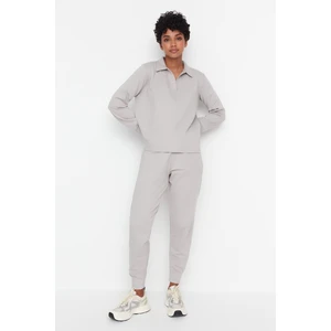 Trendyol Gray Regular/Normal Pattern Polo Neck Thin Knitted Tracksuit Set