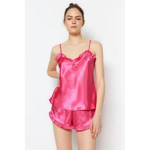 Trendyol Fuchsia Frilly Satin Singlet-Shorts, Woven Pajamas Set