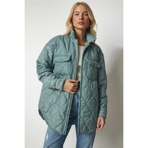 Happiness İstanbul Women's Aqua Green Oversized Quilted Coat with Snap fastener