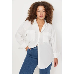 Trendyol Curve Ecru Cotton Long Sleeve Double Pocket Skirt Slit Poplin Woven Plus Size Shirt