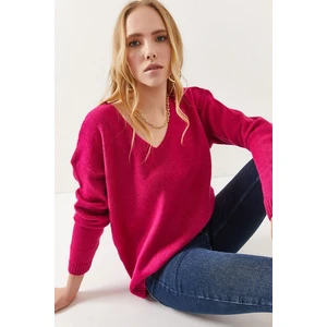 Olalook Women's Fuchsia V-Neck Soft Textured Knitwear Sweater