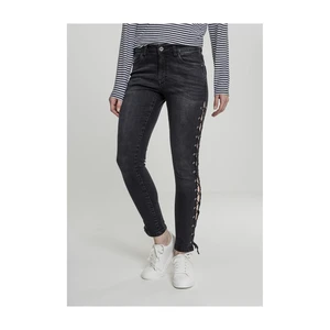 Women's Denim Pants Lace Up Skinny Pants - Black