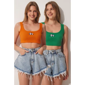 Happiness İstanbul Women's Orange Green 2-pack Panda Embroidery Knitted Crop Top