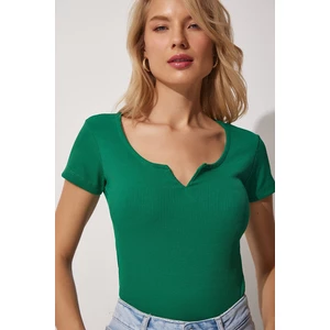 Happiness İstanbul Women's Vivid Green Heart Neck Ribbed Crop Knitted Blouse