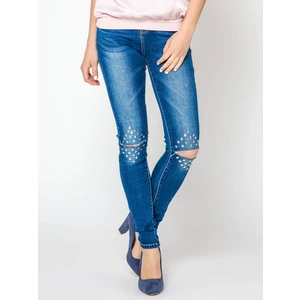 Jeans decorated with cuts and rhinestones on the knees navy blue