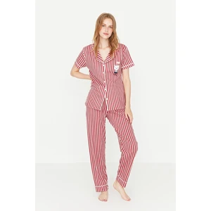 Trendyol Pink Cotton Striped Animal Printed Shirt-Pants Knitted Pajama Set