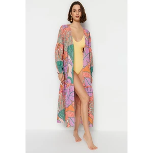 Trendyol Tropical Pattern Belted Maxi Woven Balloon Sleeves 100% Cotton Kimono & Kaftan