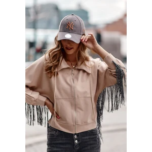 Oversize women's sweatshirt beige color with fringe