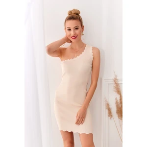 Fitted beige dress on one shoulder