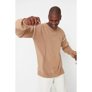 Trendyol Camel Men Oversized Crew Neck Pile Detailed Knitwear Sweater