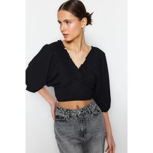 Trendyol Black Gippe Balloon Sleeve V-Neck Crop Stretchy Knitted Blouse