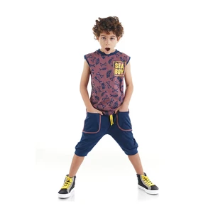 Mushi Sea Boy Sleeveless T-shirt, Navy Blue Capri Shorts Summer Suite.