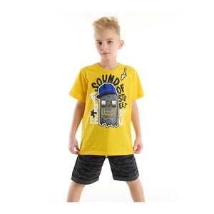 Mushi Sound Skateboarding Boys Yellow T-shirt Camouflage Shorts Set