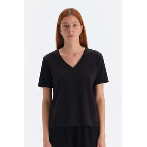 Dagi Black V-Neck Interlock Cotton Short Sleeve T-Shirt.