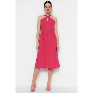 Trendyol Fuchsia Waist Opening Midi Woven Collar Detailed Dress