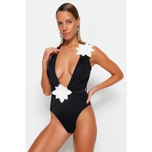 Trendyol Deep-Decollete Black High Leg Swimsuit With Floral Appliques