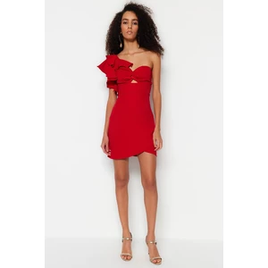 Trendyol Red Double Breasted Evening Dress with Woven Flouns