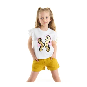 Denokids Seahorse Girl Child White Frilled T-Shirt Mustard Shorts Set